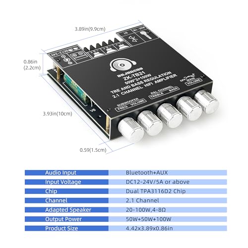Image of DAJUNGUO ZK-TB21 Power Amplifier Board Bluetooth5.1 TPA3116 Chip with Subwoofer 2.1 Channel 50WA-2+100W, DC 12-24V Bluetooth and AUX Inputs