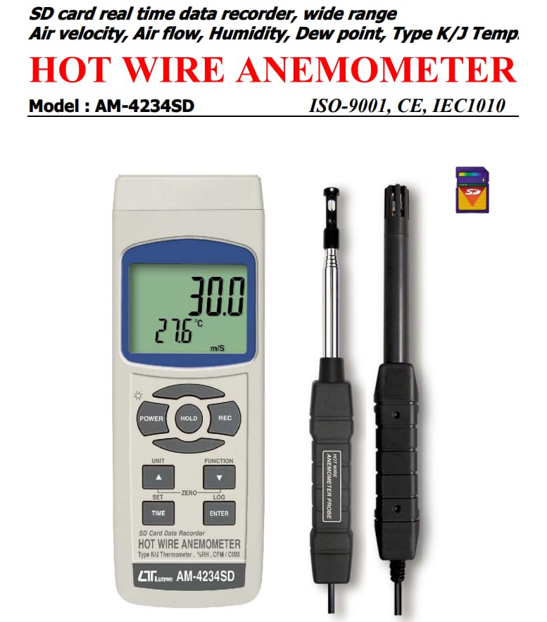 i-POOK HOT WIRE ANEMOMETER AM-4234SD air velocity, air flow, humidity, dew point, and temperature measurement Equipped with RS232/USB with Real-Time Data Logging made in Taiwan