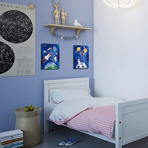 Image of CHDITB Framed Outer Space Art Prints Cartoon Watercolor Planet Wall Art Set of 3 Pieces (11.8x15.6inch), Universe Theme Canvas Painting, Spaceship, Astronaut For Kids Room Nursery Decor-Ready to Hang