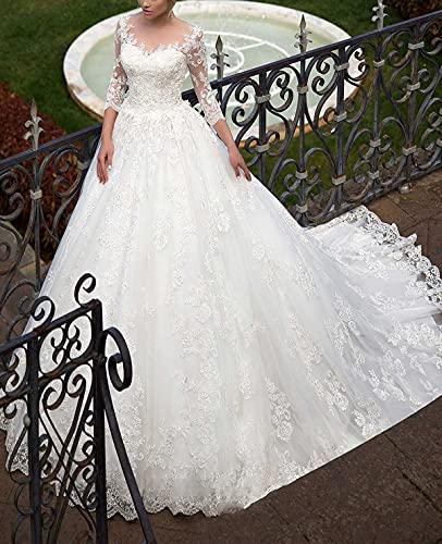 Women's Lace Applique A-Line Wedding Dresses for Bride 2021 Court Train Bridal Ball Gowns2