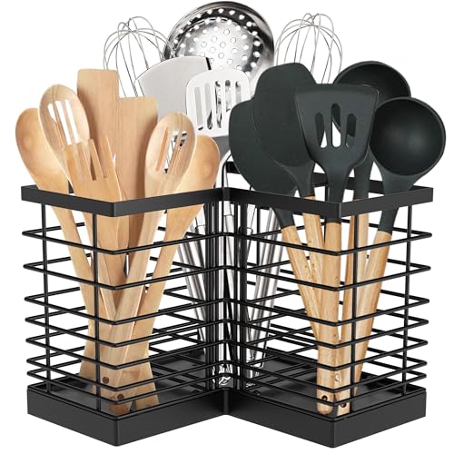Suli Porte-ustensiles de cuisine extra large avec 3 compartiments, étagère d'angle en métal noir mat pour comptoir, rangement de cuisine rustique – Noir
