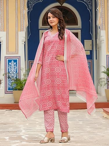 Image of GoSriKi Women's Cotton Blend Straight Printed Kurta with Pant & Dupatta