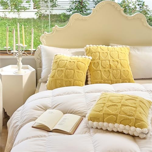 Surwin Sherpa Almohada Manta Viaje, Amor Corazon Jacquard Manta Almohada 2 en 1, Manta de Viaje Avion Plegable Colcha Edredón Manta Sofa Suave para Coche/Oficina (150x195cm,Amarillo)