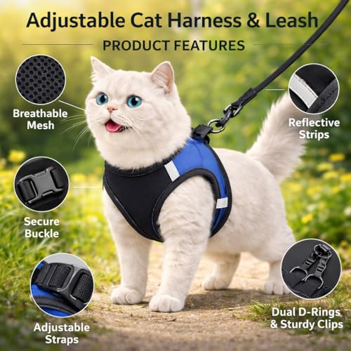 Image of Berlin's Cat Harness with Leash for Outdoor, Walking, Escape Proof, Air Mesh Fabric, Easy Control, Adjustable & Durable Cat Leash with Harness for Cats (Black-Blue, Small)