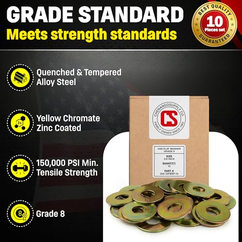 Image of Chenango Supply 5 /8 inch Grade 8 Flat Washers | Hardened Alloy Steel, Yellow Zinc Chromate Finish, USS Heavy Duty Washers for 5 /8 Hex Bolts (25 Pieces)