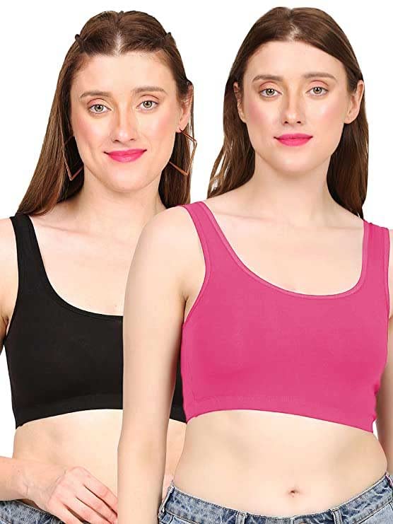 ok interprices Girls/Women's Cotton Stretchable Non-Padded and Wire Free Air Sports Bra Pack of 2 (Free Size) Black and mustred-image-39