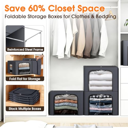 Image of 3 Pack Clothes Storage Bins with Metal Frame,40L Storage Bags Fabric Box Organizer with Clear Window,Zippers,Sturdy Handles(3 Pcs,Light Grey,40L)