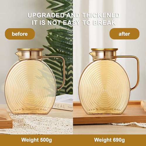 Image of AEFPOYMXU 77oz Glass Water Pitcher with Gold Lid - 2.2L Large Capacity Jug with Wide Handle for Fridge, Iced Tea, Lemonade, Juice & Coffee