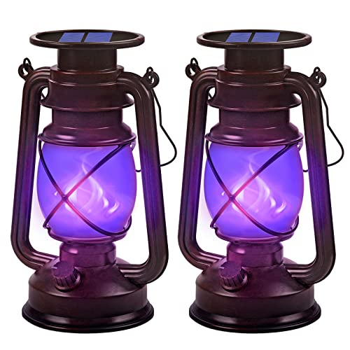 Solar Laterne Halloween Dekoration 2Pack Solarlaterne für Draußen Hängende LED Vintage Solar Gartenleuchten mit Lila Realistischer Flammeneffekt LED Laterne Outdoor Wasserdicht Campinglampe für Garten Cover
