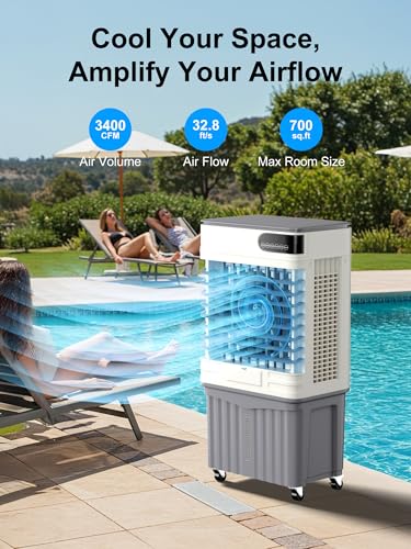 Image of Uthfy Swamp Cooler 39 Inch, 3200 CFM Evaporative Air Cooler with Remote Control & 120 Oscillation, 3 In 1 Portable Cooling Fan for 700 Sq.Ft, 13.2Gal Tank, 3 Speeds /Modes for Home, Garage, Patio