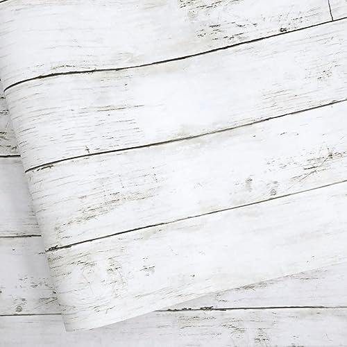 White Gray Wood Paper 17.71 in X 118 in Self-Adhesive Removable Wood Peel and Stick Wallpaper Decorative Wall Covering Vintage Wood Panel Interior Film for Home Decoration