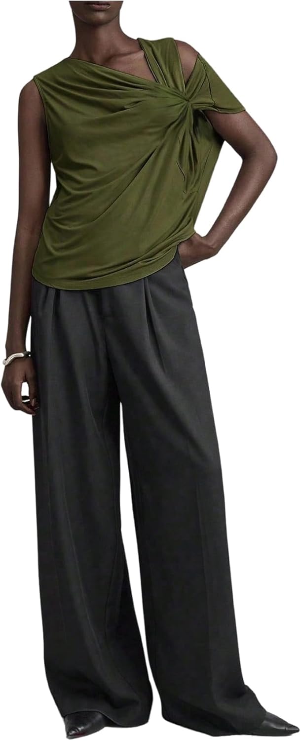 SweatyRocks Women's Off The Shoulder Twist Side T Shirts Ruched Sleeveless Going Out Dressy Casual Tops Blouses - Image 3