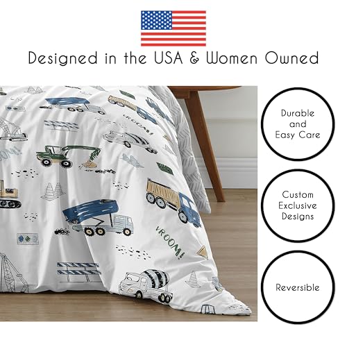 Image of Sweet Jojo Designs Construction Truck Boy Full /Queen Bedding Set Kids Comforter Childrens Size - 3 Pieces - Grey Yellow Black Blue and Green Transportation Chevron Arrow