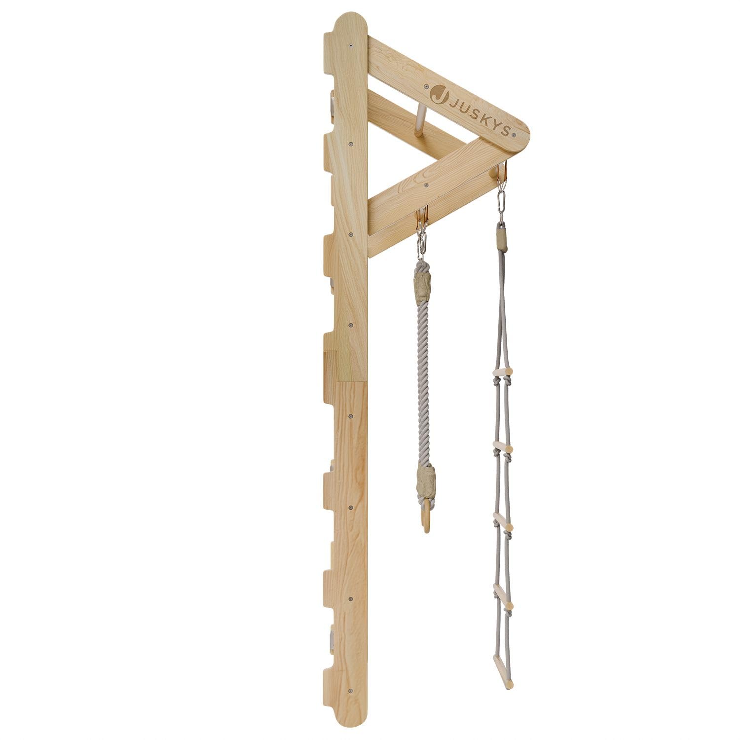 Juskys Espaldera para Niños - con Barra de Tracción, Estructura de Escalada Interior con Anillos de Gimnasia y Escalera de Cuerda, Pared de Escalada para Habitación Infantil, Barra Deportiva