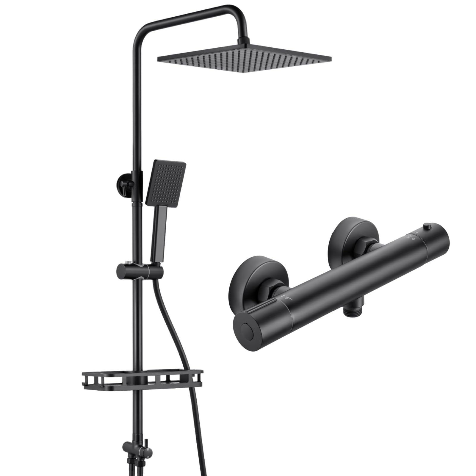 Auralum Black Thermostatic Shower Mixer Set, 10" Square Rain Shower Head and Single Function Shower Head, 65-110cm Adjustable Rail & No-Drill Shelf, Anti-Scald Anti-Corrosion, Easy Fit Old Holes