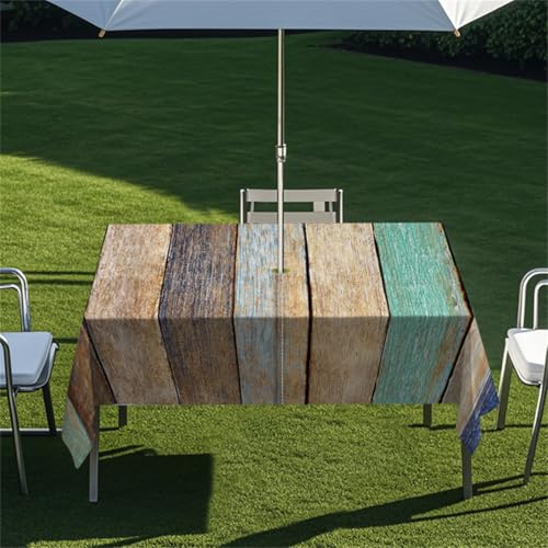 Chickwin Mantel Rectangular Impermeable Exteriores con Agujero para Sombrilla y Cremallera, 3D Patrón de Tablero de Madera Mantel para Mesa de Patio, Jardín, BBQ, Picnic (Verde,260x150cm)