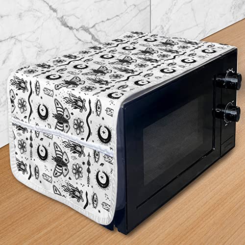 Ambesonne Magic Moon Microwave Oven Cover, Repeating Monochrome Eye Bonfire Crescent Candle Sketch Gothic Inspirations, Water Resistant Organizer with Pockets for Kitchen, 36' x 12', Black and White