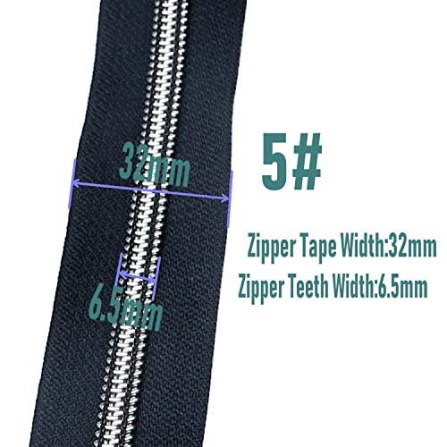 Image of Leekayer #5 Silver Metallic Nylon Coil Zippers by The Yard Bulk 10 Yards Zipper Tape with 25pcs Silver Sliders for DIY Sewing Tailor Craft Bag (Navy Black)