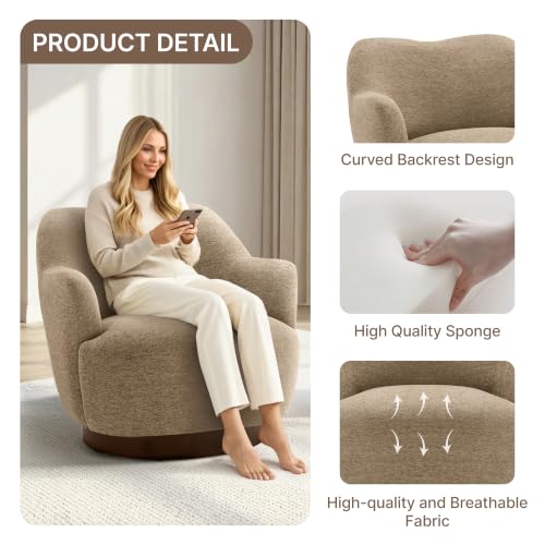 Image of KISLOT, Swivel Accent Chair, Arm Chair with Wooden Base, Sand, Set of 2 | Upholstered Barrel Chair with Curves Camel Back Design, Living Room Bedroom Reading