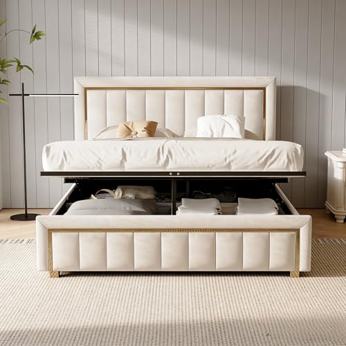 HYNHXBP Lit Coffre 160x200 cm avec Sommier à Lattes, Lit Double Rembourré avec Rangement Hydraulique et Tête de Lit, Velours Beige, Lit 2 Personnes pour...