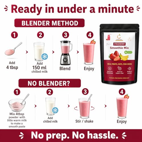 Image of Crevea Strawberry Smoothie Mix (Serves 7-8) | Real Fruit, Oats, Chia & Brown Rice Protein | Breakfast & Healthy Snack Drink | Not too sweet | Source of Protein & Fiber | No Added Preservatives | Healthy Shake | 210g