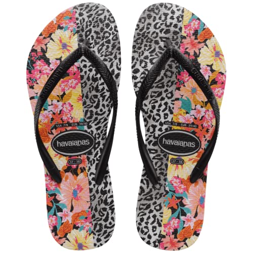 Havaianas Kids Slim Mixed Print Flip Flops - Spring and Summer Flower and Cheetah Sandals for Girls - Black/Black, 9C Little Kid4