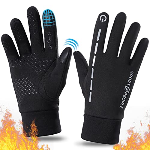 Winter Gloves Men Thermal Gloves Women Anti-Slip Touch Screen Gloves for Running Walking Hiking Biking Skiing Sporting Black with Reflective Stripe