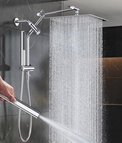 Image of Veken All Metal 12 inch Large Shower Head with Handheld, Full Body Coverage, Luxurious Square Double Rain Shower Heads, Power Wash Wand, Dual Big Detachable Rainfall Showerhead with Spray Combo,Chrome