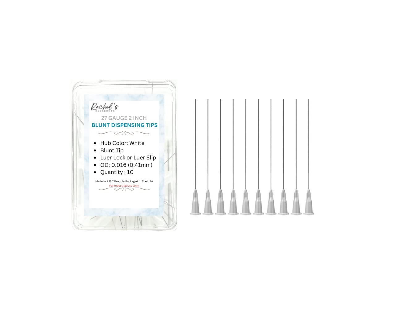 Rachel's Closeouts 10 packs of 27 Gauge Needle 2 inch Blunt Tip Needle Dispensing Needle -Luer Lock Tips Needle-Industrial Needles for Ink Cartridges, Glue, Syringes, Woodworking