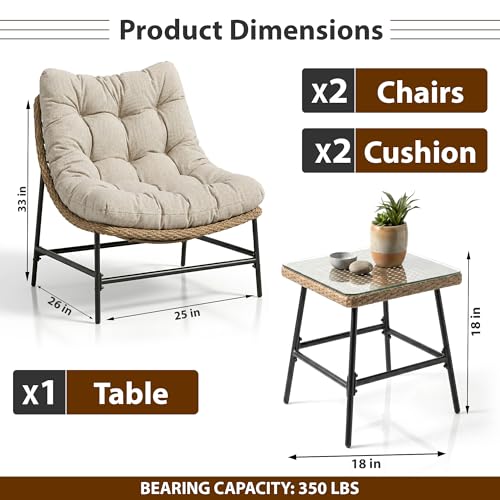 Image of OUTLIVING Fluffo Outdoor Two Seater Braid & Rope Conversation Set | UV & Water Resistant Patio & Garden Furniture Set with 2 Cushioned Chairs & Center Table with Glass Top | Beige