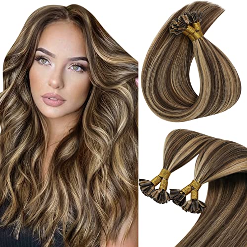 Sunny 7A Prebonded Fusion Hair Extensions Dark Brown with Caramel Blonde Nail Tip Extensions 16" 50g Remy Straight Keratin Fusion Human Hair