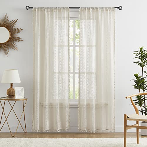 Zjdecor Boho Lace Sheer Curtains 63 Inch Length 2 Panels Set Beige Rustic Geometric Pattern Curtains With Tassel For Living Room Bedroom Rod Pocket Linen Window Drapes, 40"X63"X2 #TOP1