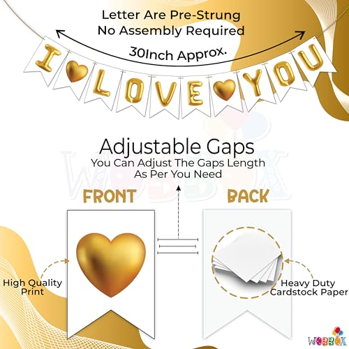 Image of Wobbox White & Golden Balloon inchI Love You inch Bunting Banner for Anniversary, Pre-Wedding & Wedding, Love Banner for Decoration
