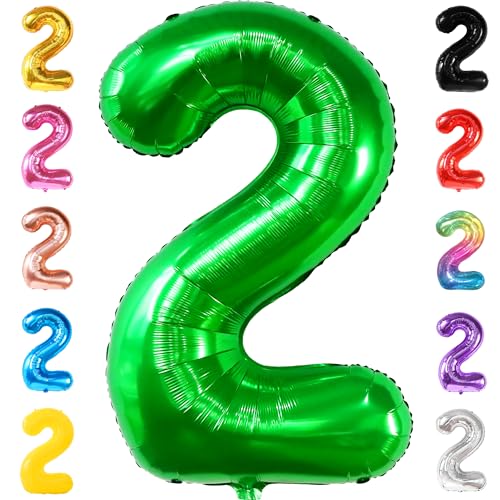 Image of KatchOn Giant Green Number 2 Balloon, 40 Inches, Perfect for 2nd Birthday Decorations, Tractor Party Supplies, Dinosaur Theme | Large Mylar Number one Balloon, Perfect for 2nd Birthday Decorations, Tractor Party Supplies, Dinosaur Theme