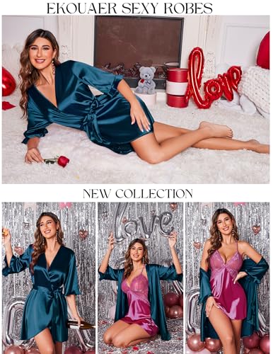 Image of Ekouaer Women's Satin Robe Valentines Lingerie for Women Kimono Bathrobe Short Ruffle Belted Robes Bridesmaids Sleepwear