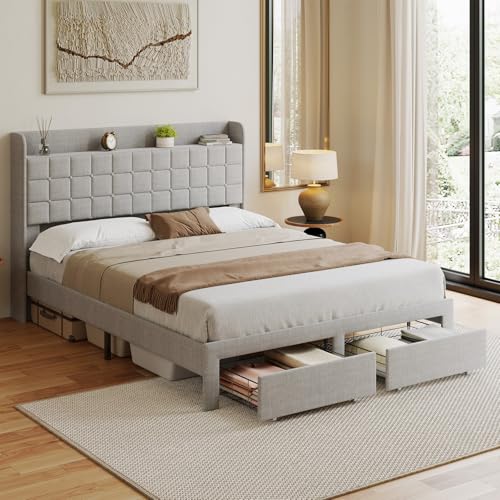 Image of Queen Size Storage Bed Frame, Square Tufted Headboard, Platform Bed with 2 Underbed Drawers at Foot, Wooden Slats Support, No Box Spring Needed, Light Gray