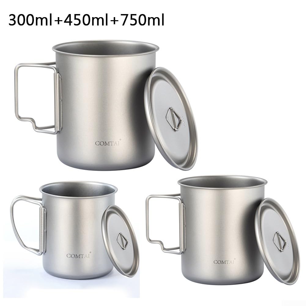 Tazza da campeggio ultraleggera, in titanio, portatile, con manico pieghevole, in metallo antiruggine, per escursioni e viaggi zaino in spalla (300 ml + 450 ml + 750 ml)
