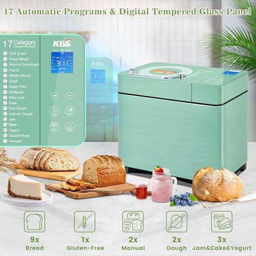 Image of KBS 2.2LB Bread Maker, 710W Convection Bread Machine with Dual Heaters, Healthy Nonstick Ceramic Pan, Auto Nut Dispenser, 17-in-1 Bread Maker Machine for Gluten-Free, Touchscreen, 15H Delay Timer