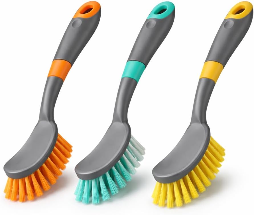 Dish Scrub Brush Set of 3, Kitchen Cleaning Brushes with Handle for Sink, Dishes, Pots, Bathroom and Household Cleaning