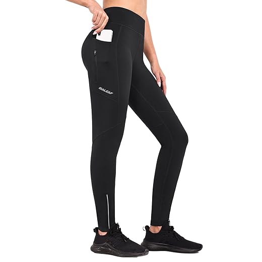 BALEAF Women's Fleece Lined Leggings Water Resistant Winter Clothes Running Tights Cold Weather Hiking Pants Zip Pockets Black M
