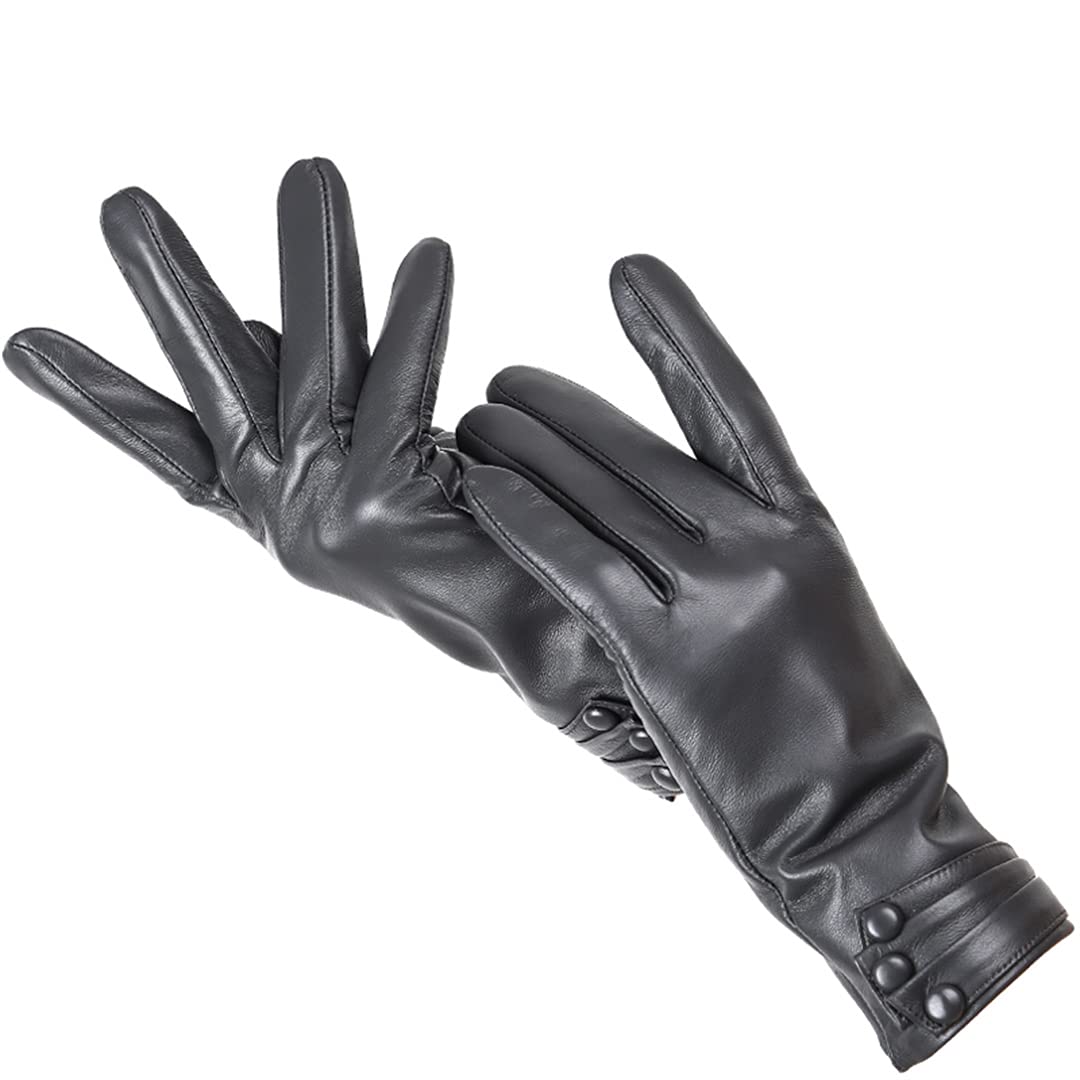 Touch Gloves Guanti in pelle da donna pieghettati con tre bottoni Guanti invernali da donna caldi Dark Grey 8.5