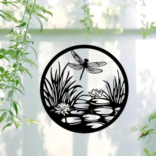 Dragonfly Metal Wall Art with Lotus Design, Zen Accent for Home & Garden Spaces