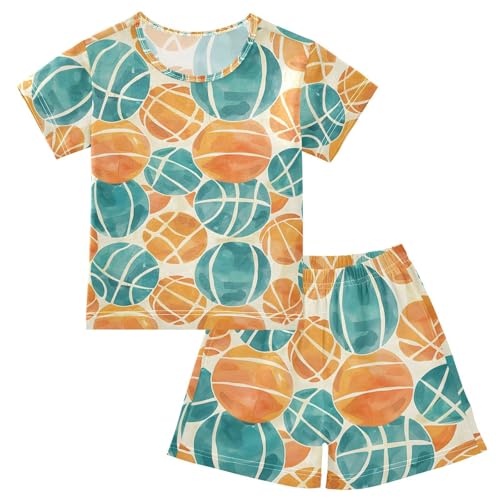 ALAZA Basketball Blue Yellow Pajamas Set Short Sleeve Cotton Sleepwear Summer Pjs 2 Piece 5-14Y