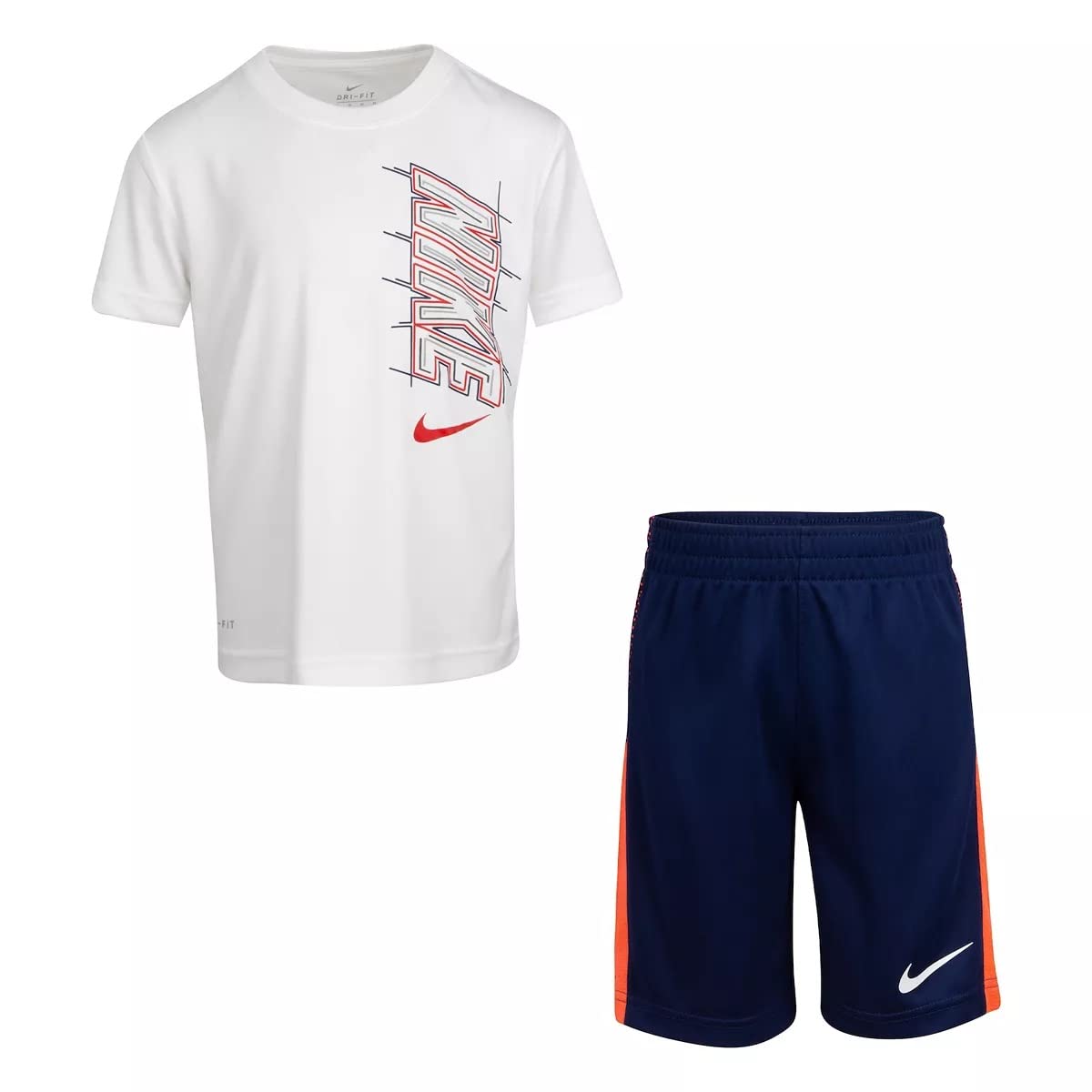 NikeLittle Boys Dri-FIT Graphic Tee & Shorts 2 Piece Set (White(86H367-U9J)/B_R, 7 Years)