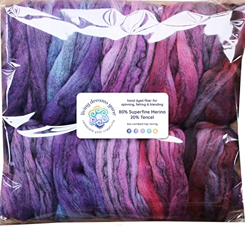 Hand Dyed Superfine Merino Tencel Roving for Spinning and Felting. 5oz, Purple Haze