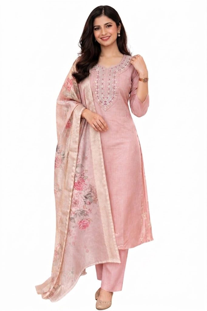 Pink Rayon Slub Kurti Pant Set with Dupatta for Women | Soft Breathable Straight Kurta Suits | Daily & Office Wear 3 Piece Outfit-picture-37