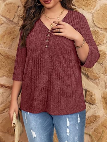 Image of Koscacy Women Plus Size V Neck 3 /4 Roll Sleeve Sweater Casual Knit Tops Solid Color Blouses