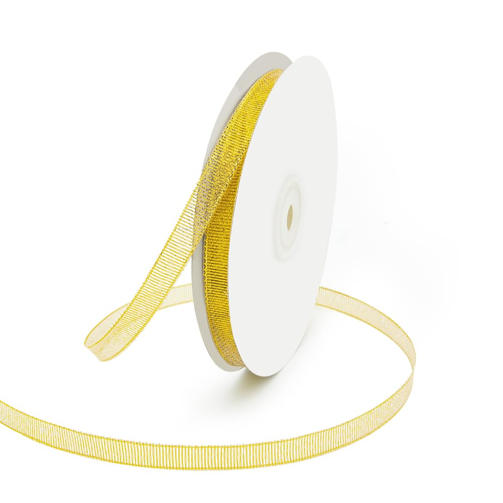 KMER LIFE 3/8 inch x 50 Yards Glitter Gold Ribbon, Sparkly Metallic Fabric Ribbons for Gifts Wrapping, Sewing, Party Decoration and DIY Crafts