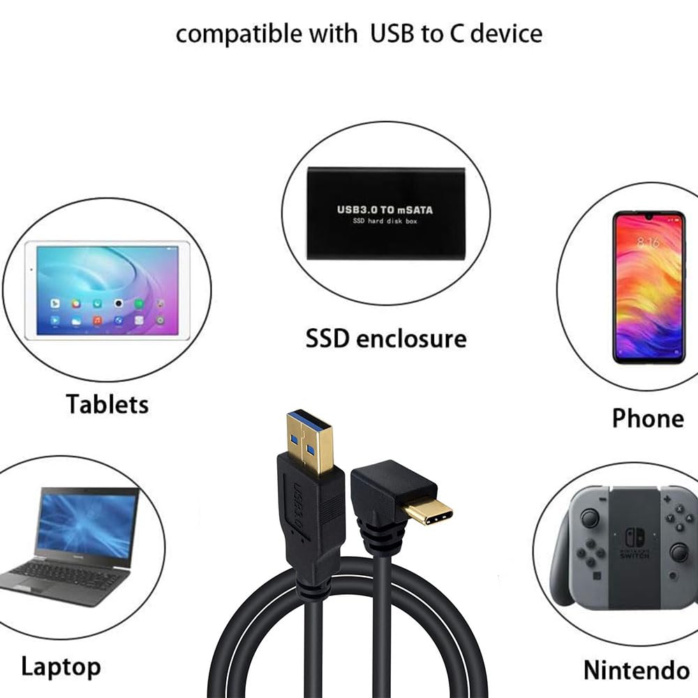 Câble USB C mâle vers USB 3.0 mâle (1 m), câble coudé à 90 degrés vers le haut et vers le bas de type C vers type A, prend en charge la synchronisation des données et charge rapide pour