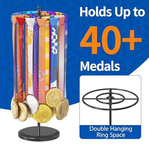Image of Medal Holder Display Trophy Shelf Organizer, Sturdy Wooden Race Award Hanger Rack with 25 Steel Hooks, Wall Mount Storage Stand for Sports Fans, Cheer Success